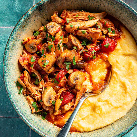 Braised Chicken and Mushrooms over Polenta