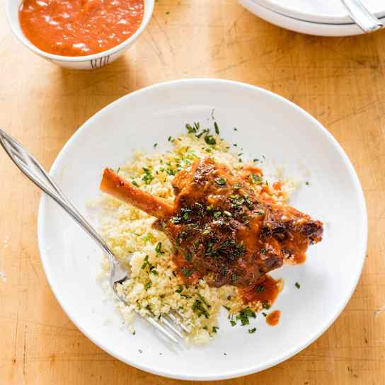 Instant Pot Braised Lamb Shanks with Bell Pepper and Harissa