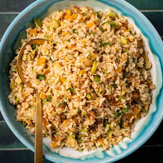 Brown Rice Pilaf with Dried Apricots, Olives, Almonds, and Cilantro