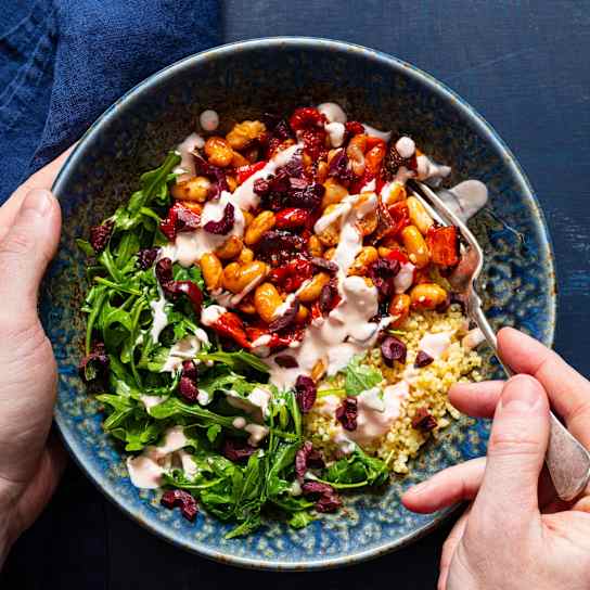 Bulgur with Roasted Vegetables, White Beans, and Arugula Salad