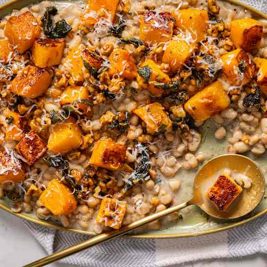 Cacio e Pepe Beans with Squash, Sage, and Walnuts