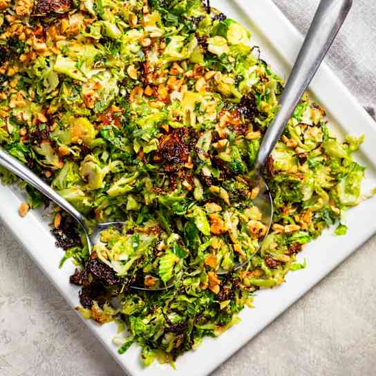 Charred Shaved Brussels Sprout Salad with Apricot Dressing