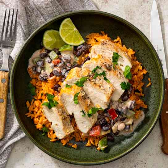 Chicken with Creamy Chipotle Black Beans, Peppers, and Rice