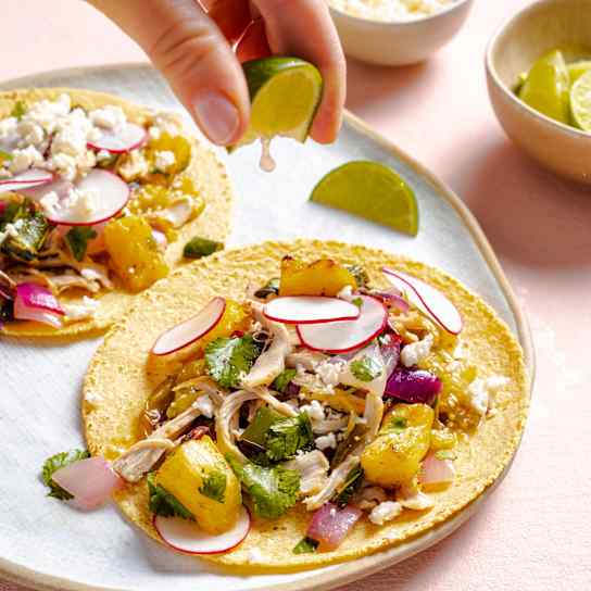 Air-Fryer Chicken-Tomatillo Tacos with Roasted Pineapple Salsa