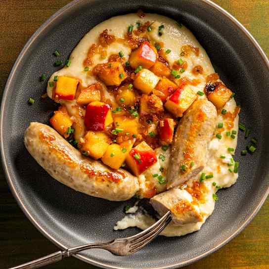 Chicken Sausages and Apples with Smoky Cheese Grits