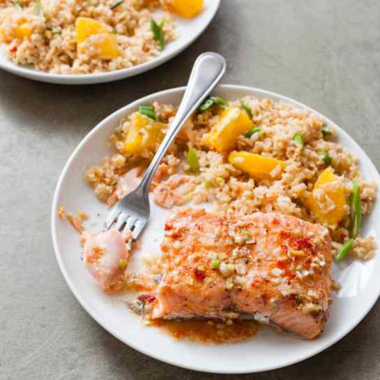 Slow-Cooker Chili-Garlic Glazed Salmon with Brown Rice Salad