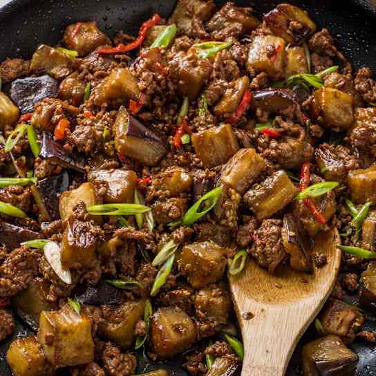 Sautéed Eggplant and Plant-Based Meat with Soy, Ginger, and Scallions