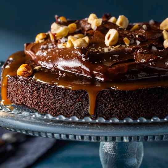 Chocolate Fudge Cake with Ganache and Miso-Caramel Drizzle