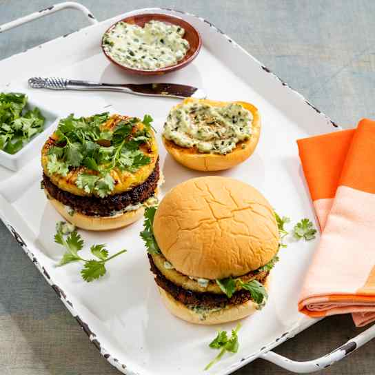Plant-Based Chorizo Burgers with Pineapple and Poblanos