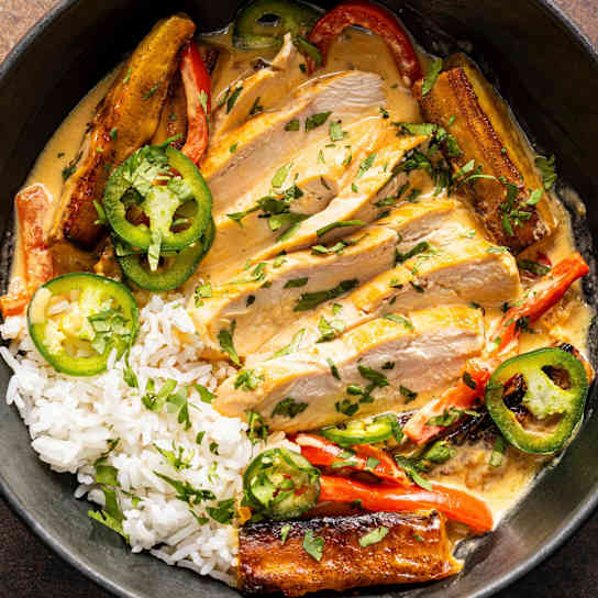 Coconut-Braised Chicken with Plantains and Peppers