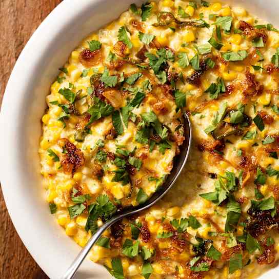 Coconut Creamed Corn with Ginger and Crispy Shallots