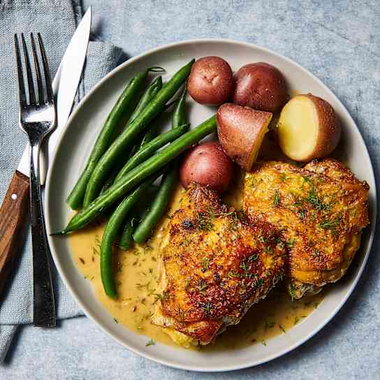 Creamy Braised Chicken Thighs with Caraway and Dill
