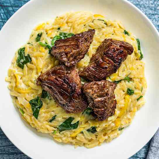 Creamy Summer Squash Orzo with Steak Tips