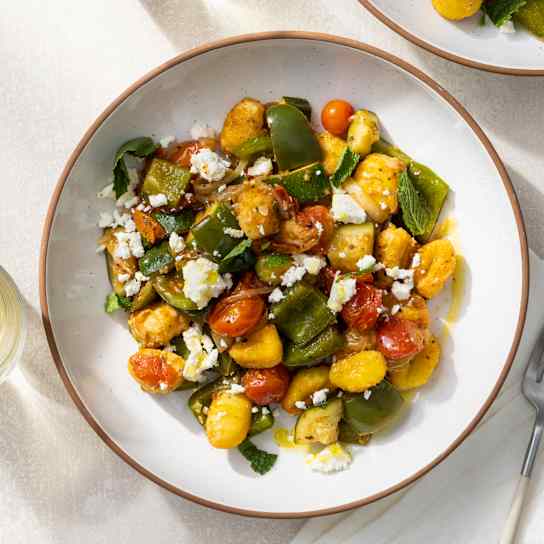 Crispy Pan-Fried Gnocchi with Cherry Tomatoes, Zucchini, and Feta