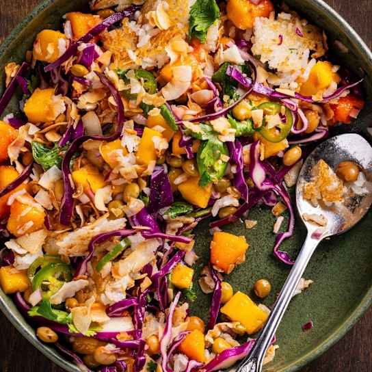 Crispy Coconut Rice and Beans with Tropical Fruit