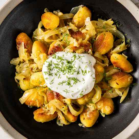 Crispy Pan-Fried Gnocchi with Buttery Onions and Sauerkraut