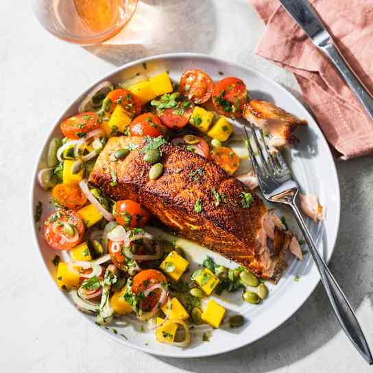 Spiced Crispy-Skinned Salmon with Tomato-Mango Salad for One