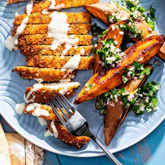 Crispy Za'atar Chicken Cutlets with Sweet Potato Wedges