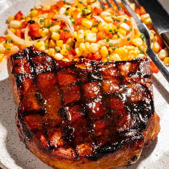 Dr. Pepper–Glazed Pork Chops with Grilled Corn Salad