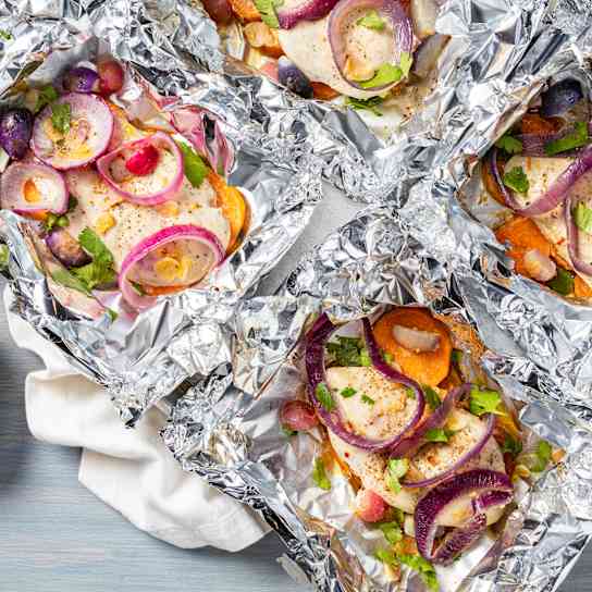 Chicken Baked in Foil with Sweet Potato and Radish