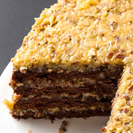 German Chocolate Cake with Coffee, Cashew, and Coconut Filling