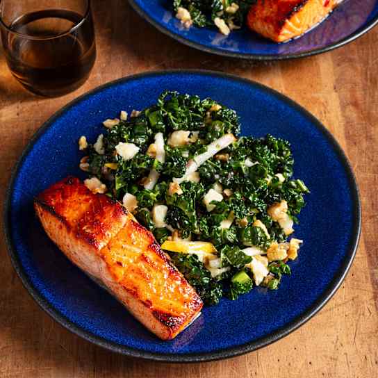 Glazed Salmon with Kale, Pear, and Cheddar Salad
