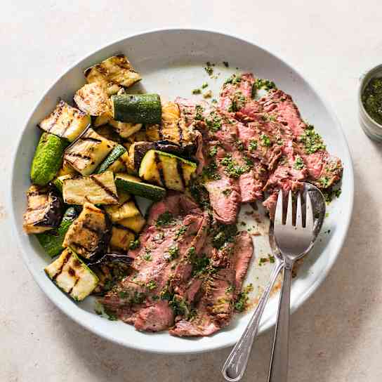 Grilled Flank Steak with Vegetables and Salsa Verde