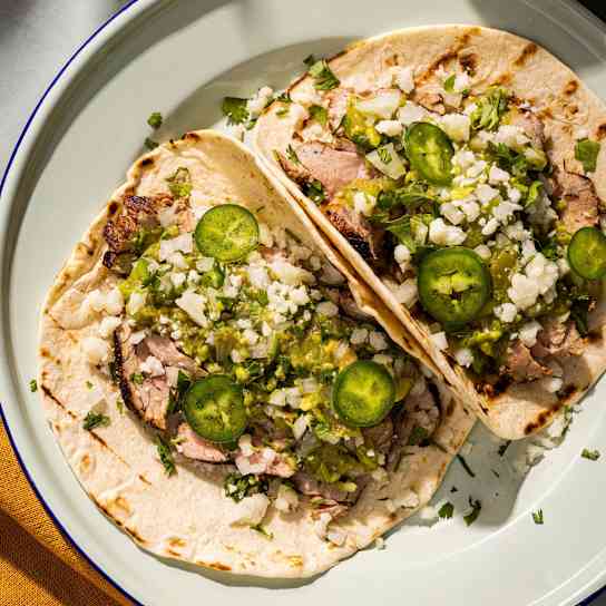 Grilled Pork Tacos with Tomatillo-Avocado Salsa