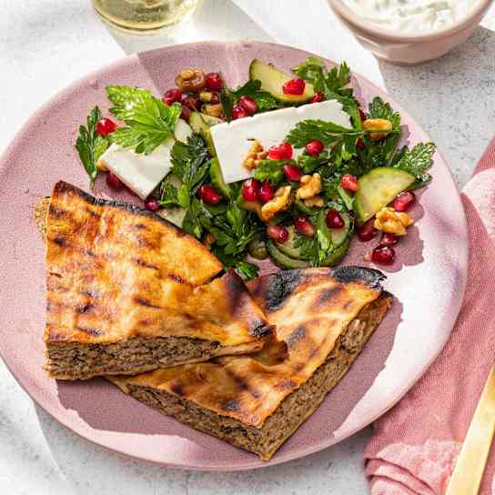 Grilled Arayes (Grilled Lamb-Stuffed Pitas with Yogurt Sauce)