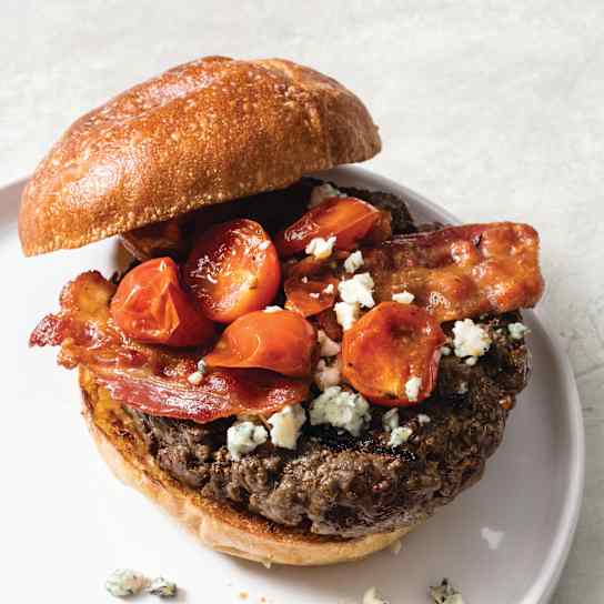 Grilled Blue Cheese Burgers with Bacon and Tomato Relish