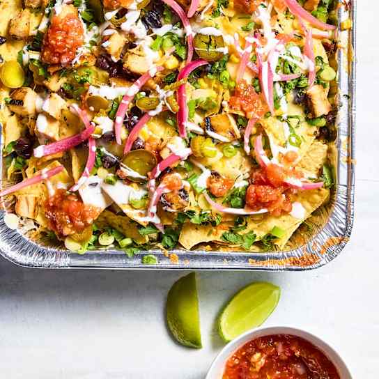 Grilled Chicken Nachos with Corn, Poblanos, and Black Beans