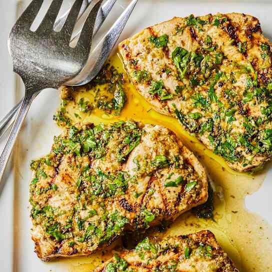 Grilled Swordfish Salmoriglio (Sicilian Swordfish with Lemon, Garlic, and Herbs) for Two