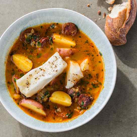 Instant Pot Hake in Saffron Broth