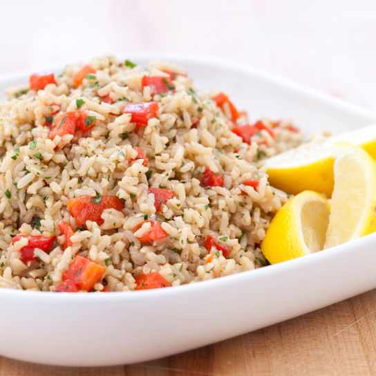 Gluten-Free Hearty Baked Brown Rice with Onions and Roasted Red Peppers