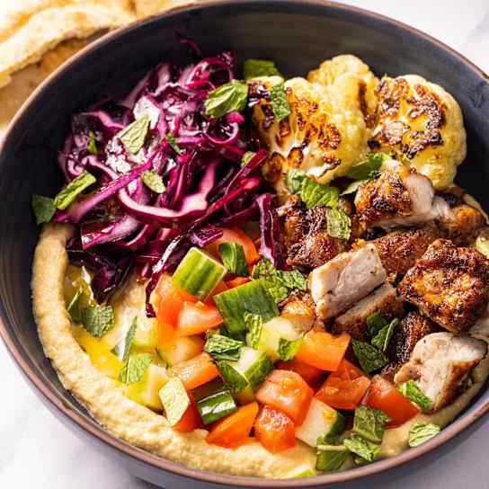 Hummus Bowls with Roasted Chicken and Cauliflower