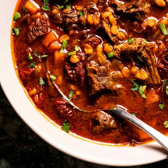 Instant Pot Beef, Barley, and Sun-Dried Tomato Soup