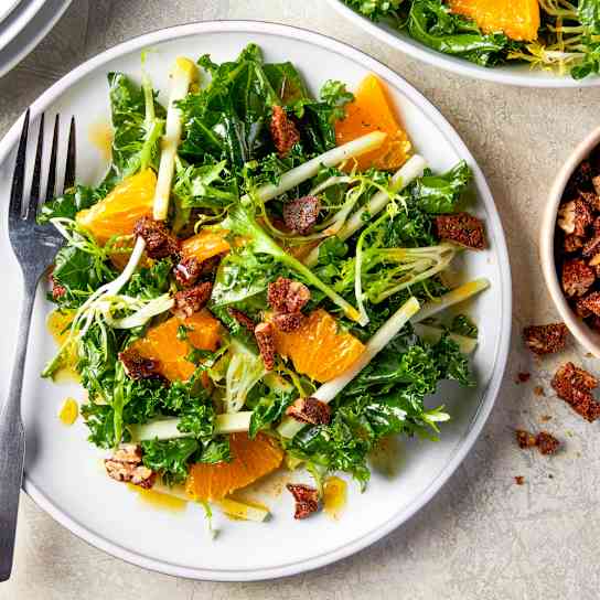 Kale Salad with Kohlrabi, Orange, and Candied Pecans
