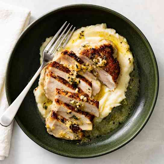 Lemon and Herb Pork Chops with Cauliflower Puree