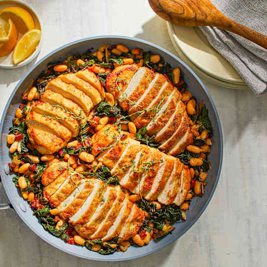 Lemon-Thyme Chicken with Garlicky Greens and White Beans