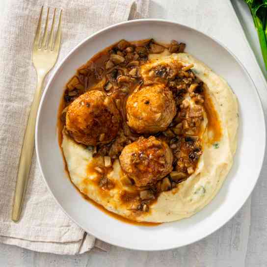 Meatballs and Mushroom Gravy with Semolina “Polenta”