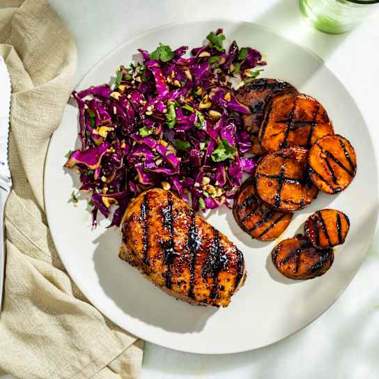 Molasses-Glazed Pork Chops and Sweet Potatoes with Red Cabbage Slaw