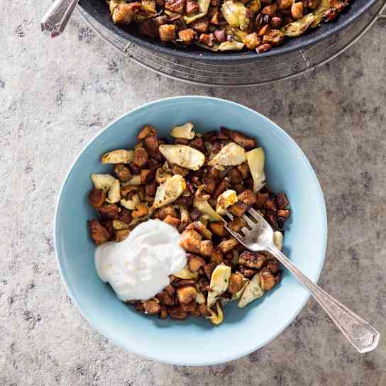 Mushroom and Artichoke Hash with Parmesan Croutons