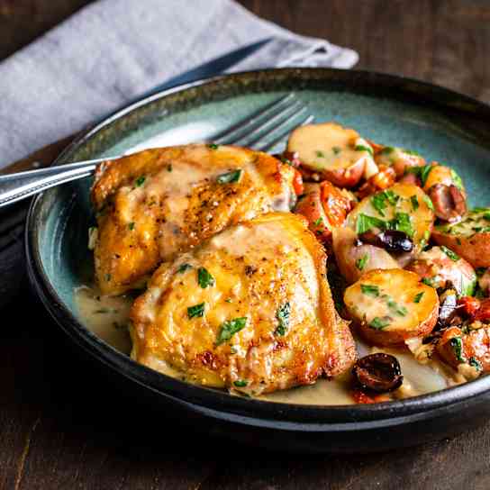 One-Pan Braised Chicken Thighs with Potatoes, Shallots, and Olives
