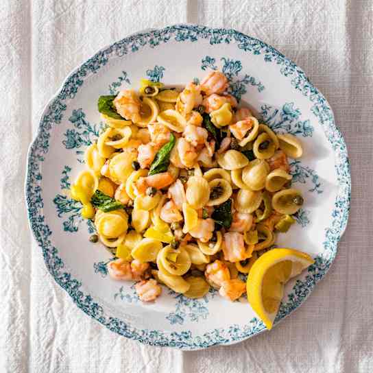 Orecchiette with Shrimp, Pepperoncini, and Basil