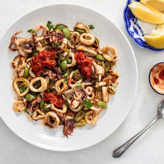 Pan-Seared Squid with Warm Spices, Olives, and Harissa