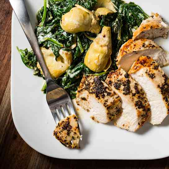 Pan-Seared Chicken Breasts with Artichokes and Spinach