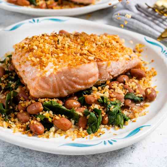 Pan-Seared Salmon with Braised Beans and Greens
