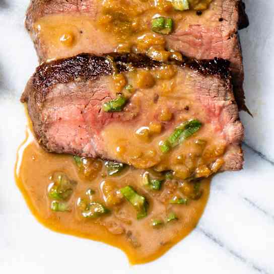 Pan-Seared Sirloin Steaks with Miso-Butter Pan Sauce