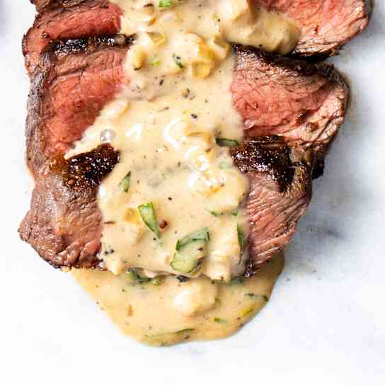 Pan-Seared Sirloin Steaks with Creamy Black Pepper-Tarragon Pan Sauce