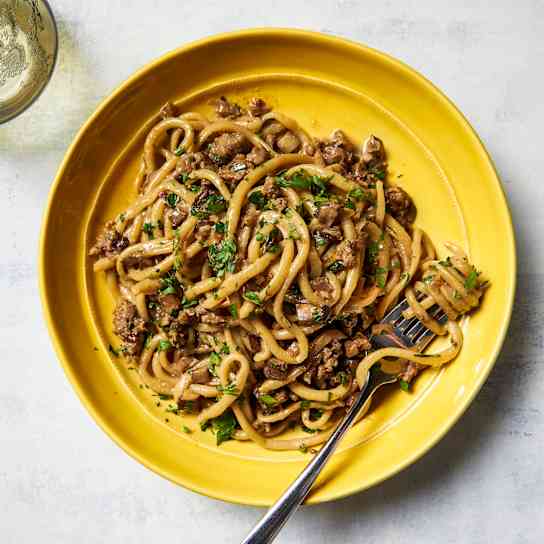 Pici alla Boscaiola (Handmade Pasta with Mushrooms and Sausage)